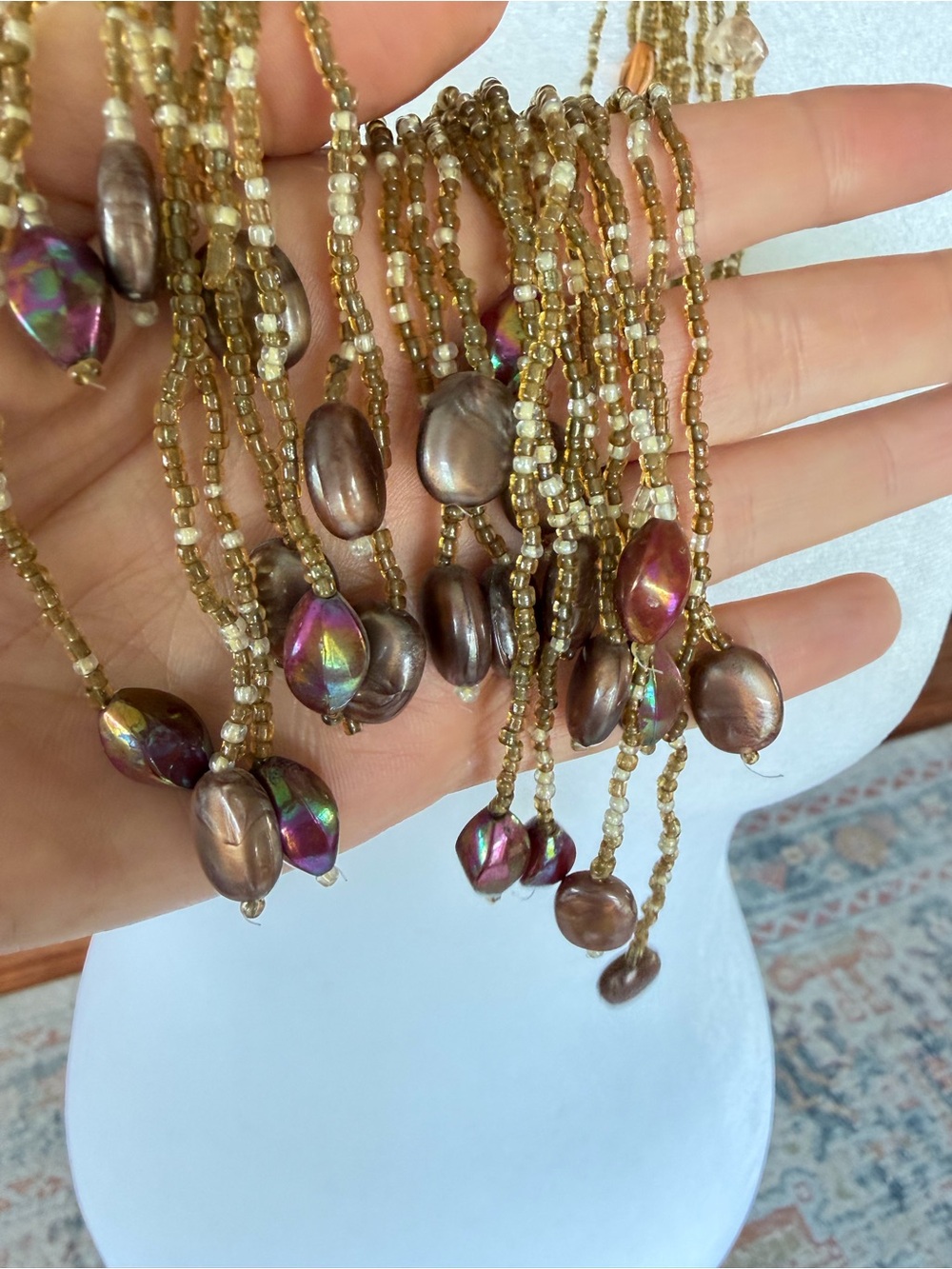 Y2K Thin Seed Bead Scarf Necklace Boho Festival Bali Beads Multi Strand - Picture 5 of 7
